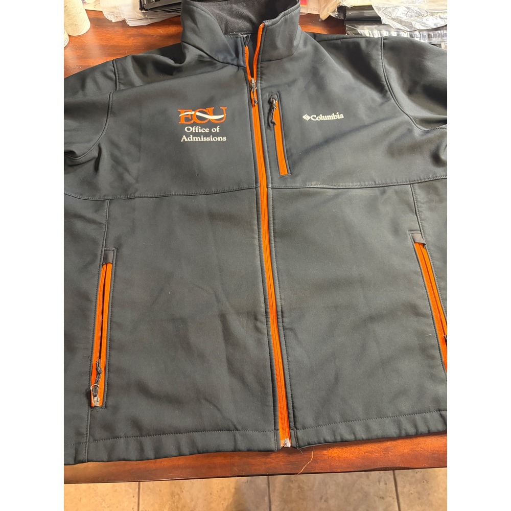 Columbia Mens XXL Softshell Jacket Black Orange ECU Office of Admissions Fleece
